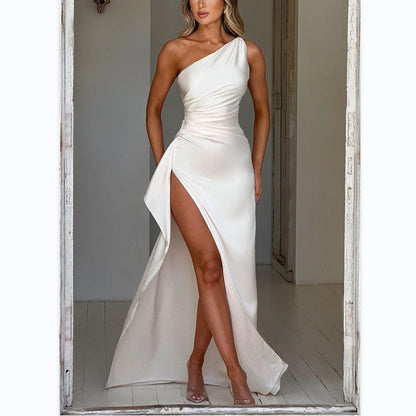 Slim-fit, off-shoulder, slit satin dress