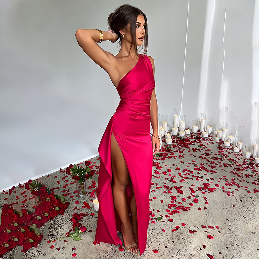 Slim-fit, off-shoulder, slit satin dress
