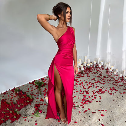 Slim-fit, off-shoulder, slit satin dress