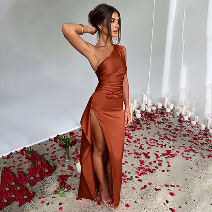 Slim-fit, off-shoulder, slit satin dress