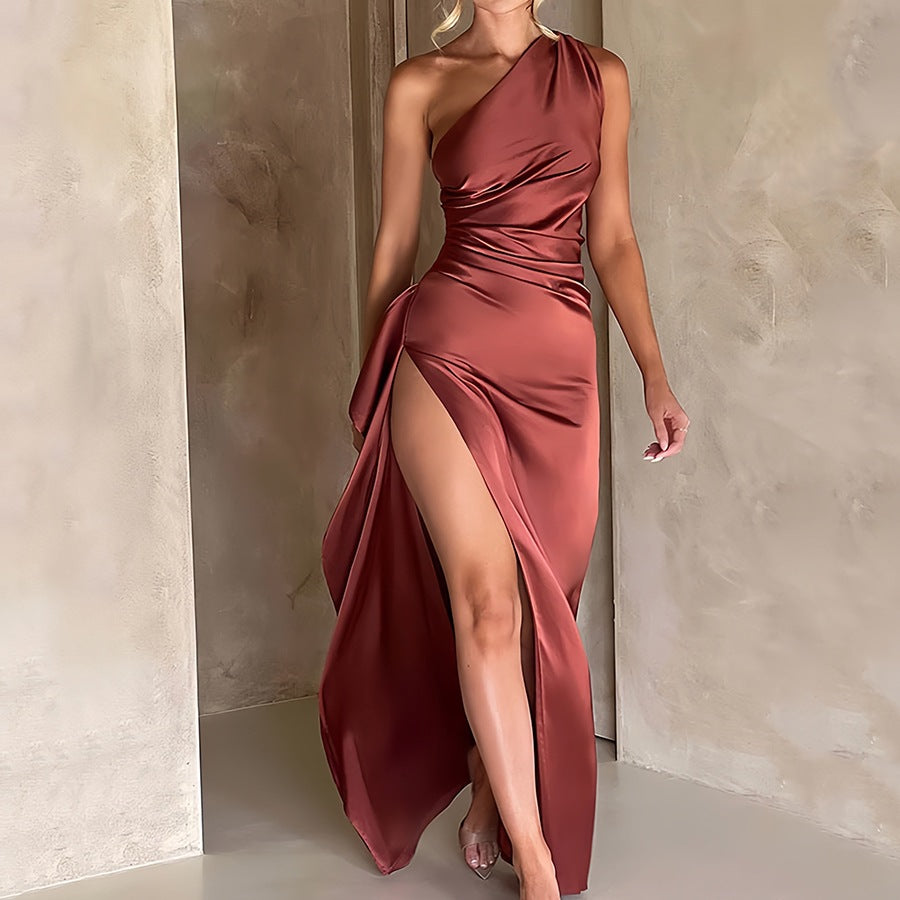Slim-fit, off-shoulder, slit satin dress