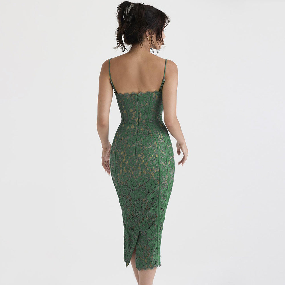 Green lace halter dress