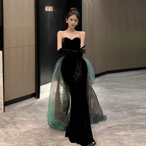 Black Velvet Strapless Bow Dress